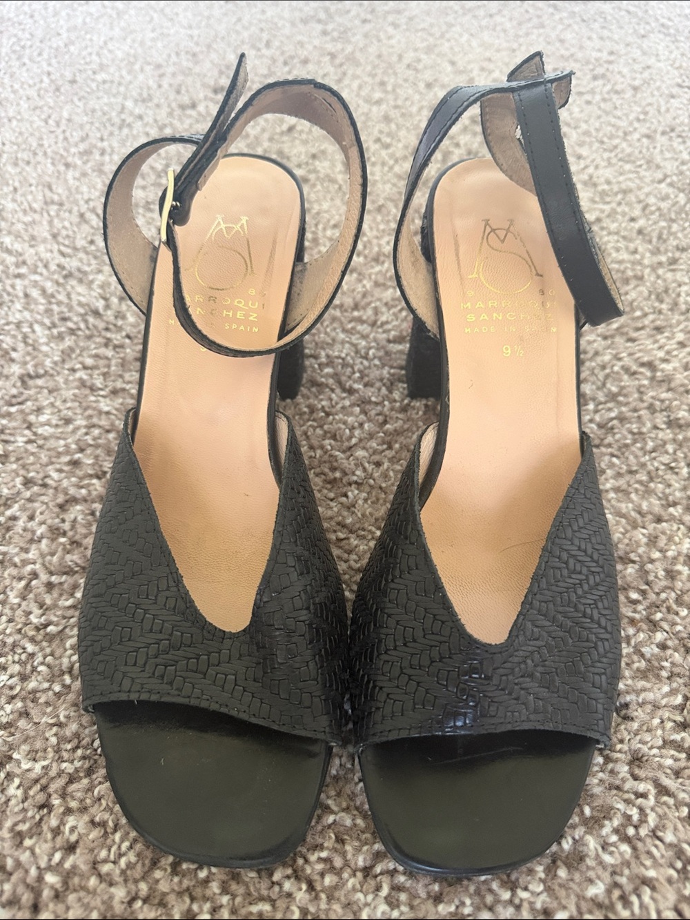 Woven Black Ankle-Strap Block Heels